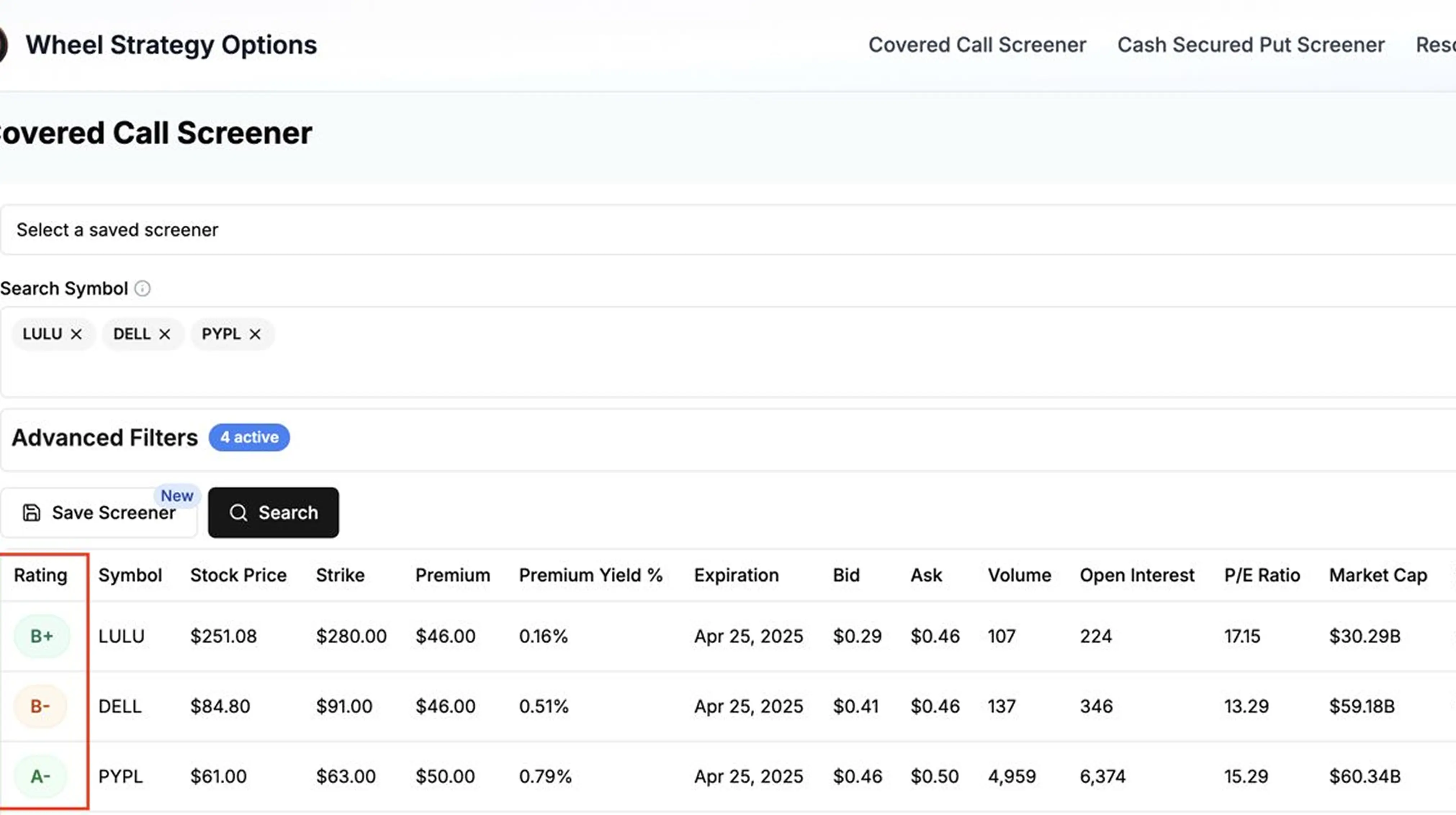 Covered Call and Cash Secured Put Screener