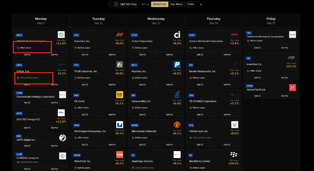 Earnings Calendar cards showing After close and Likely before open labels with sun and moon icons