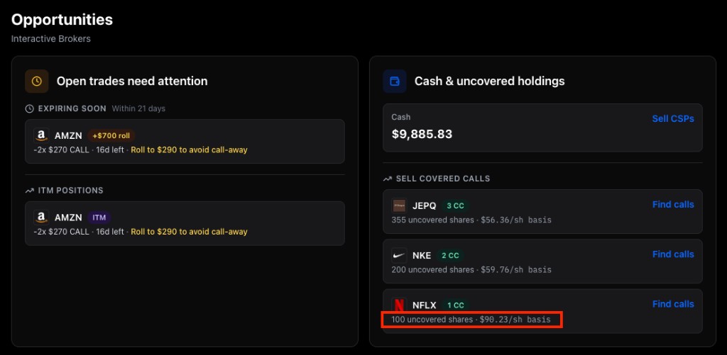 Opportunities Cash and uncovered holdings showing per-share cost basis next to uncovered stocks