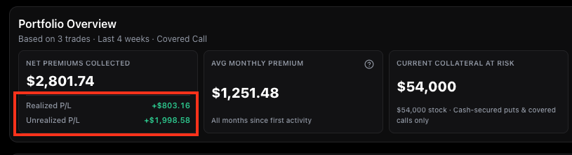 Portfolio Overview Net Premiums card showing realized and unrealized P/L breakout