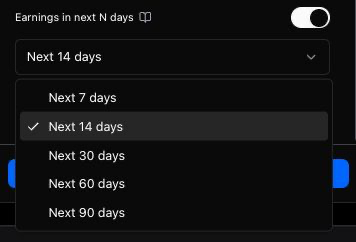 Screener filter Earnings in next N days toggled on with Next 14 days selected in the dropdown